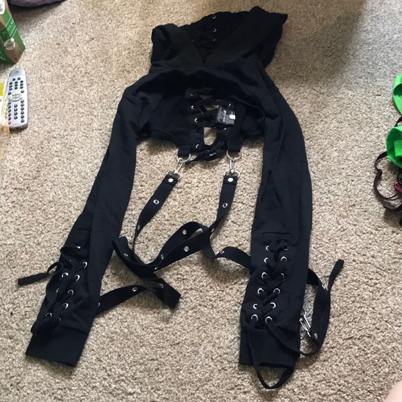 Killstar Tops - Verity cropped lace up hoodie with bondage straps